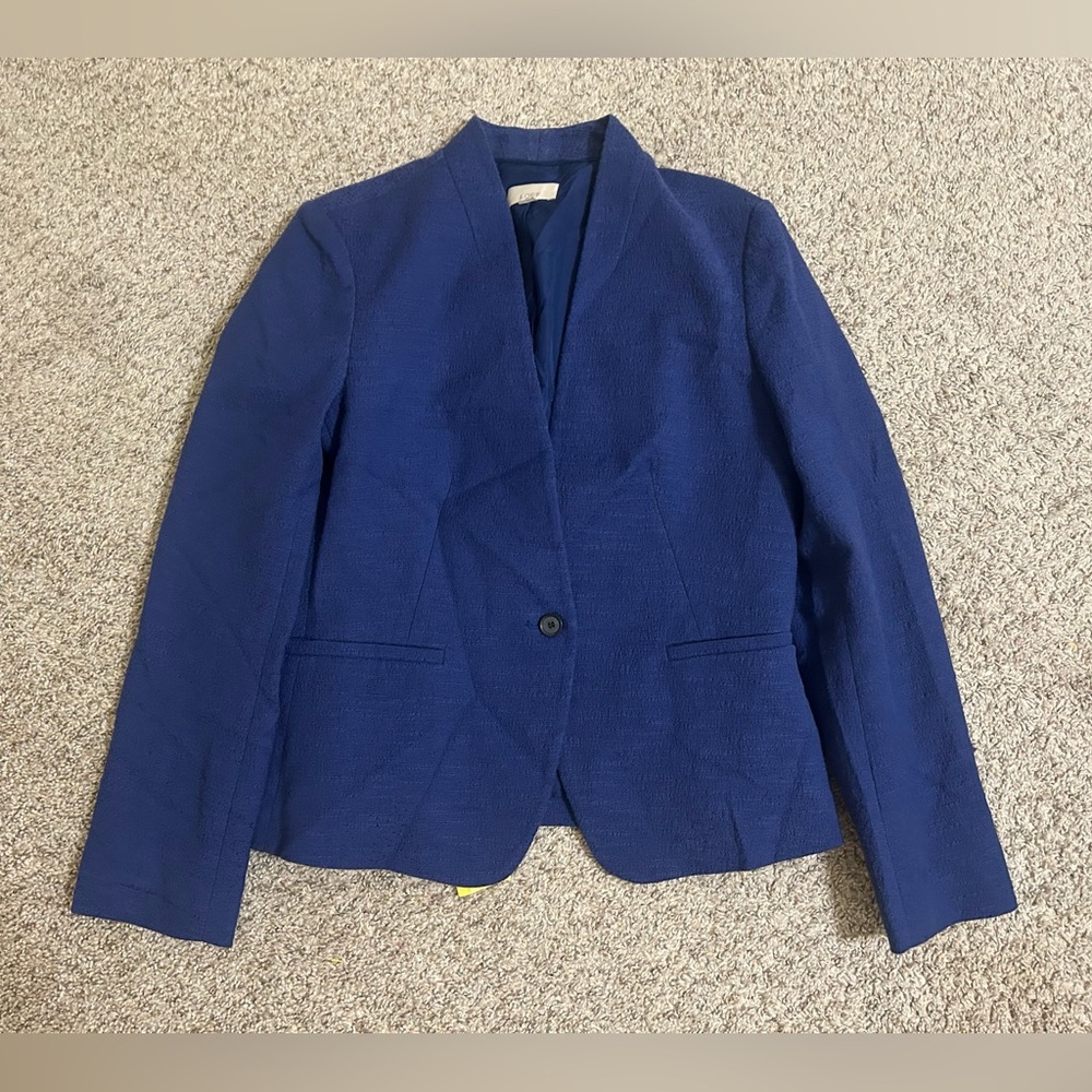 LOFT Navy Blue Single-Button Textured Blazer Lined Cotton Blend Women's Size 10